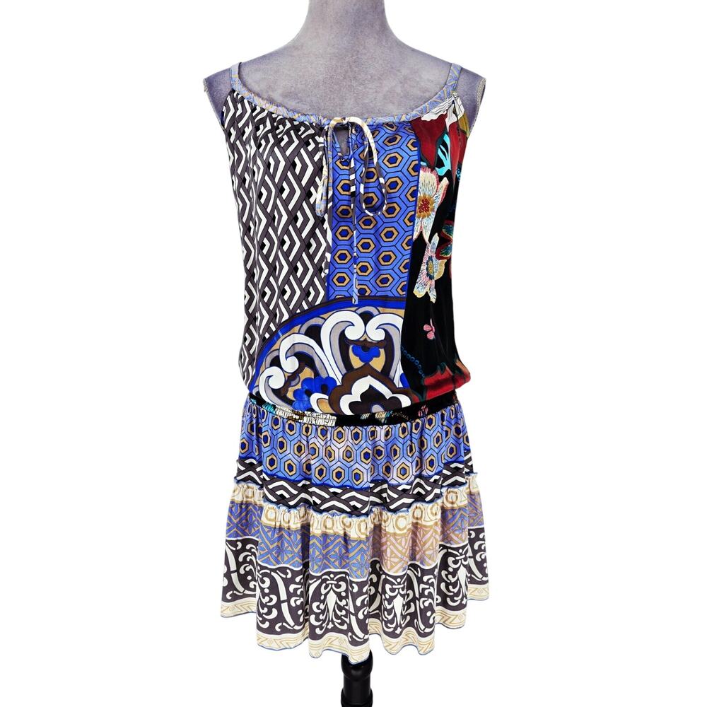 Hale Bob Dress Womens Small Silk Blue Ivory Print Elastic Waist Beach Resort